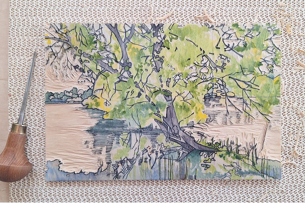 houtplaat met aquareltekening